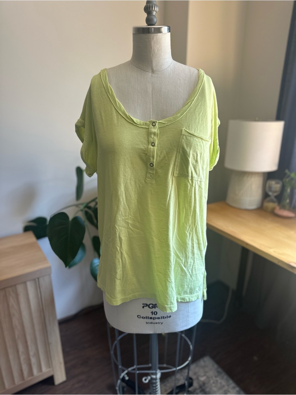 aerie Lime Green Short Sleeve Henley with Pocket